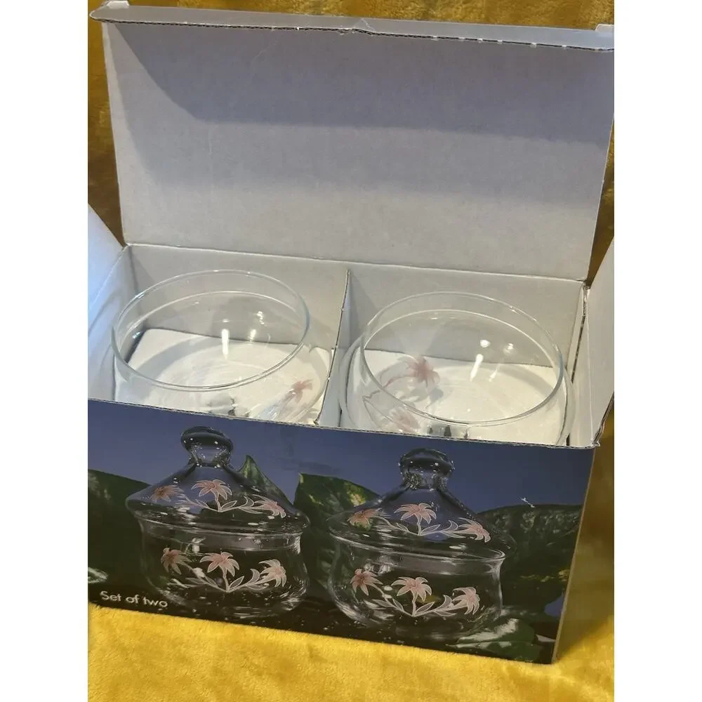 Stylesetter Pasabahce Turkey Set of 2 Glass Candy Dish Jar Lotus Flower Lid NIB